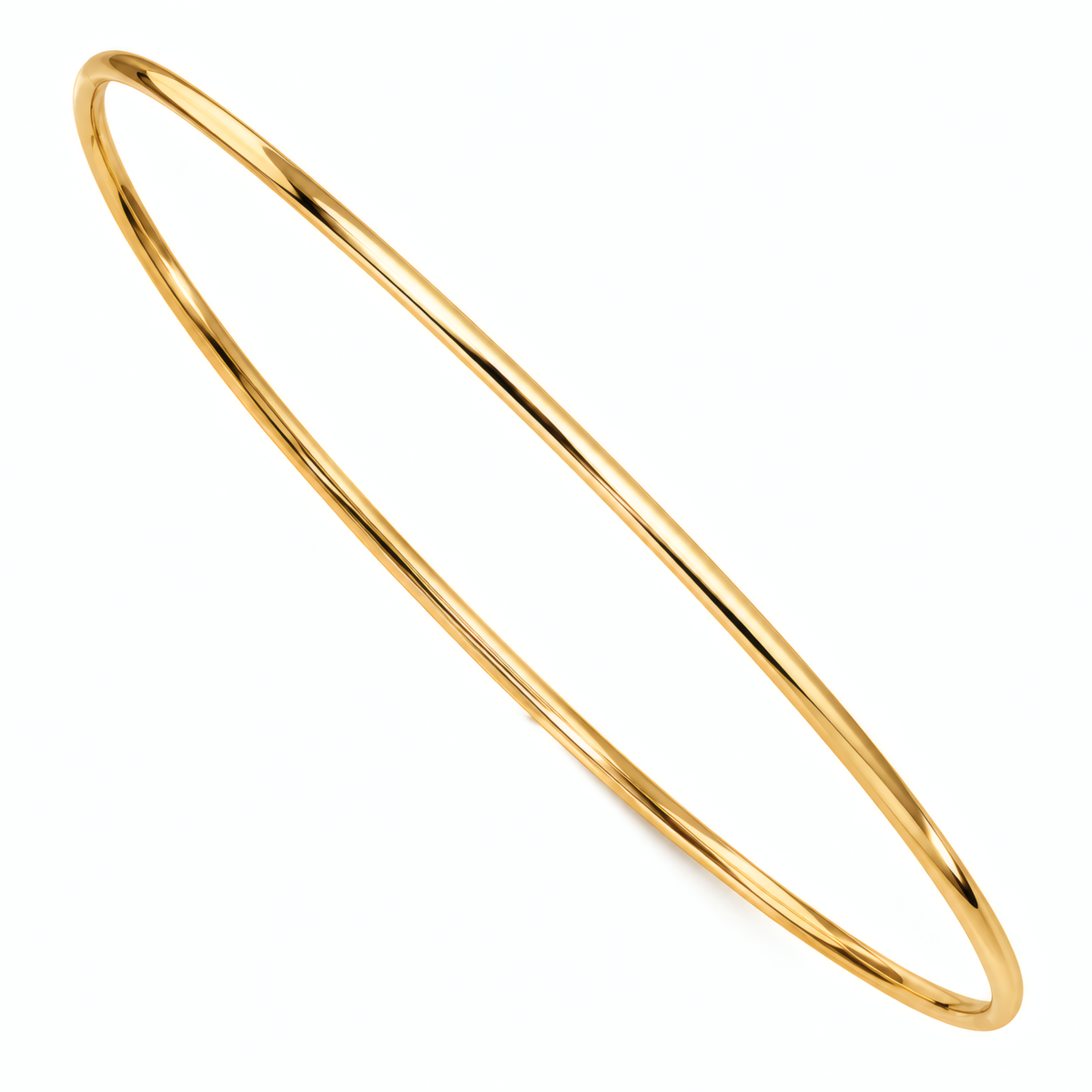 Slim 1.5mm 14k yellow gold bangle bracelet on a white background.