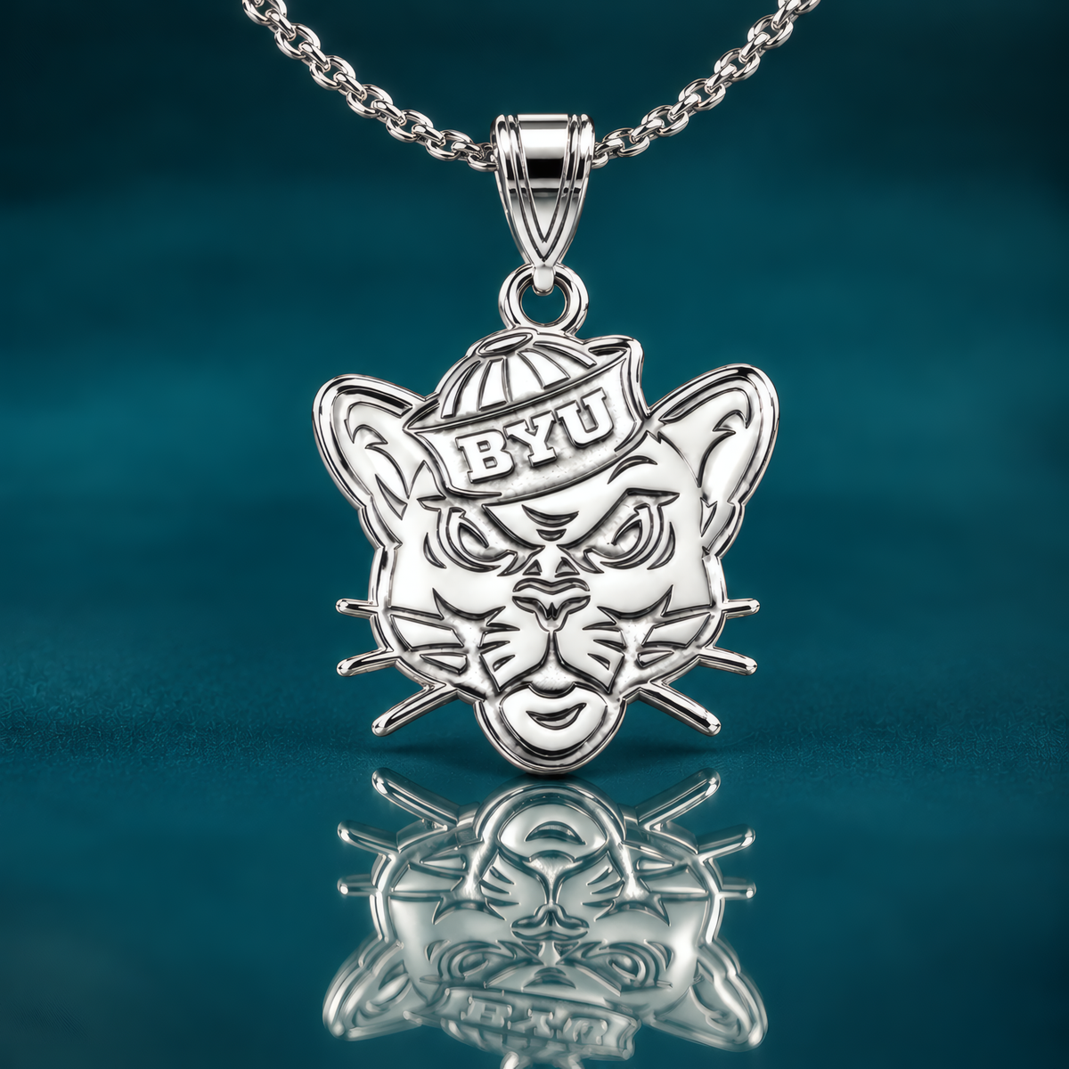 BYU branded sailor coug pendant in solid sterling silver with a 20" sterling silver cable chain.