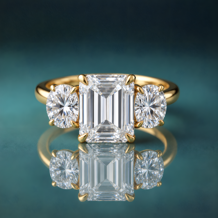 A gold three-stone diamond ring featuring a central emerald-cut diamond flanked by two round-cut diamonds.