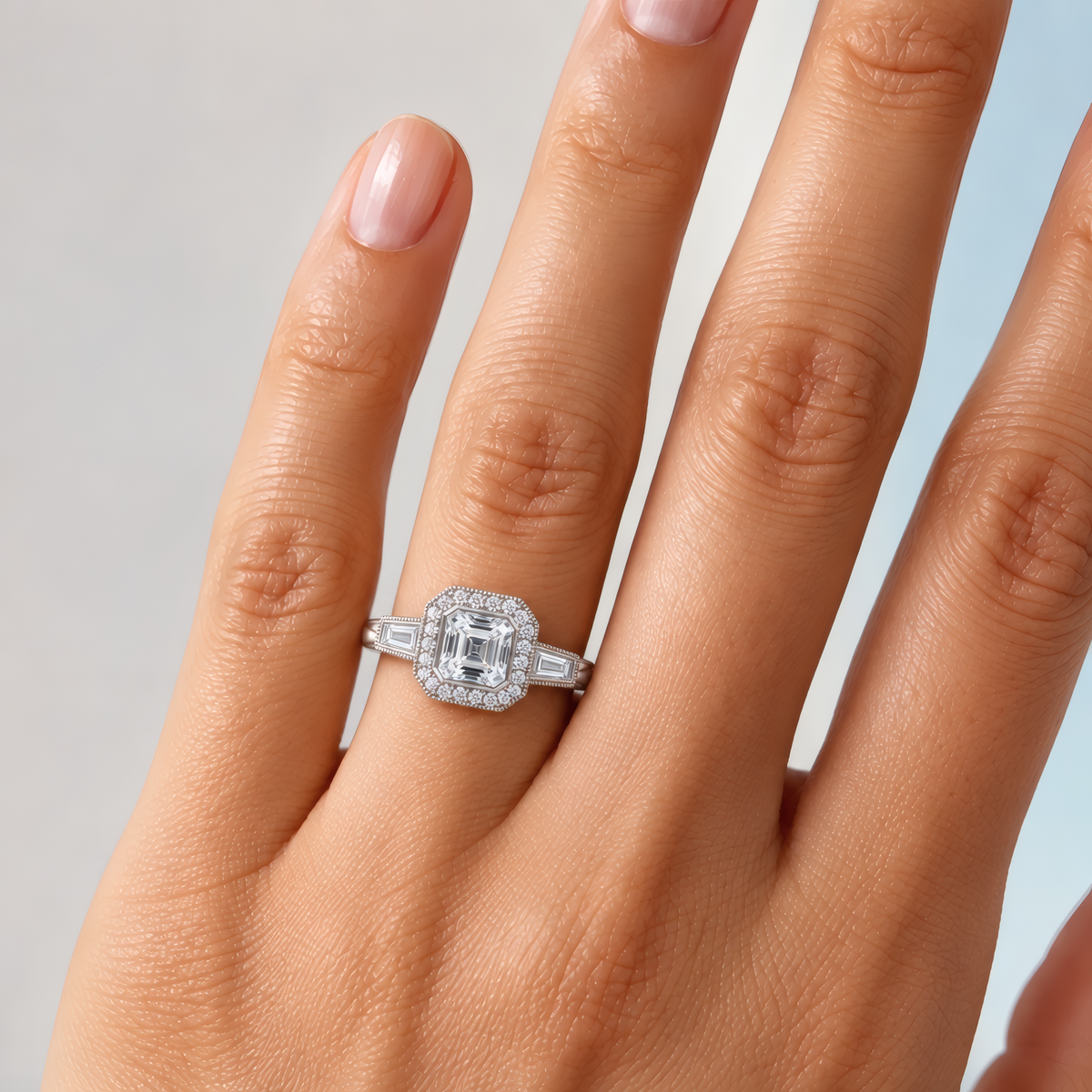 Delicate woman's left hand with a unique white gold halo three-stone engagement ring with an asscher-shaped center diamond adorning her ring finger.