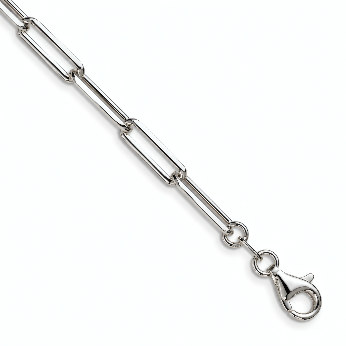 Close-up of the lobster clasp at the end of the 4.4mm sterling silver 18" paperclip chain.
