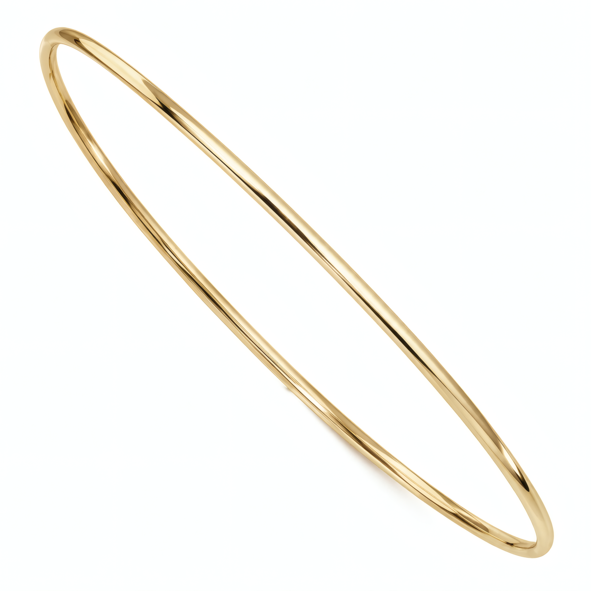 Slim 1.5mm 10k yellow gold bangle bracelet on a white background.