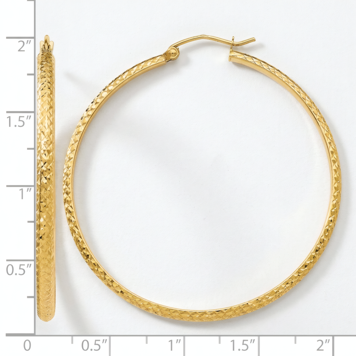 46mm 10k yellow gold diamond-cut hoop earrings, front and side view on a white background with an inch scale.