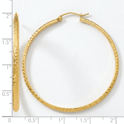 46mm 10k yellow gold diamond-cut hoop earrings, front and side view on a white background with an inch scale.