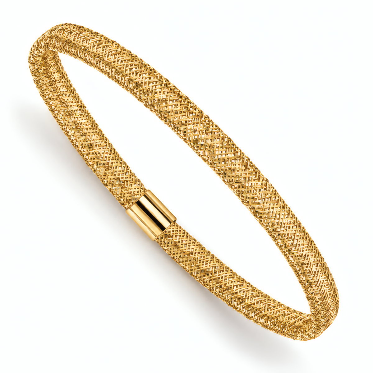 4mm 10k yellow gold woven mesh stretch bangle bracelet with a polished barrel accent, on a white background.