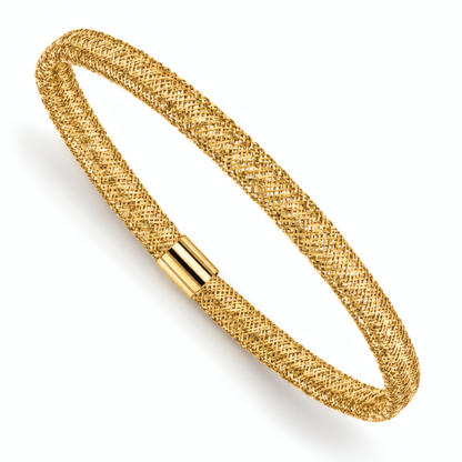 4mm 10k yellow gold woven mesh stretch bangle bracelet with a polished barrel accent, on a white background.