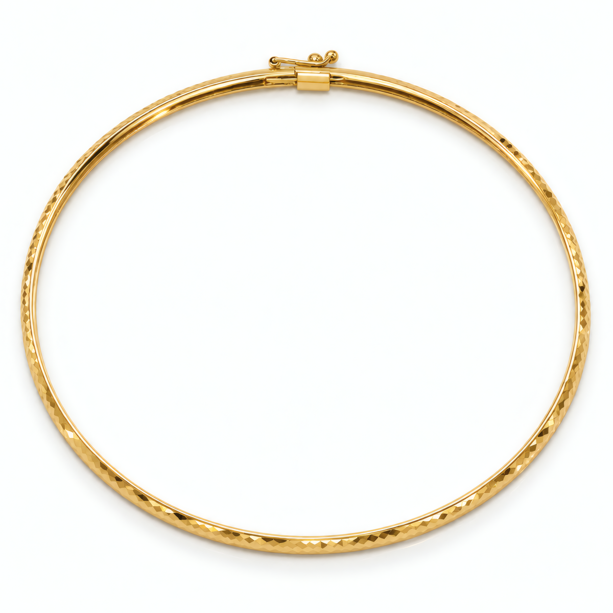 4mm 10k yellow gold textured flexible bangle bracelet with a box clasp, on a white background.