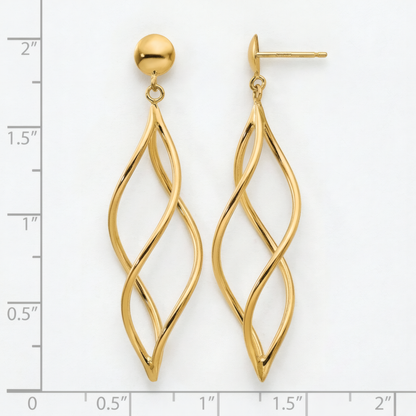 Long open twisted spiral dangle earrings in 10k yellow gold on ball posts, on a white background with an inch scale.