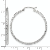 10k white gold diamond-cut hoop earrings, front and side view on a white background with an inch scale.