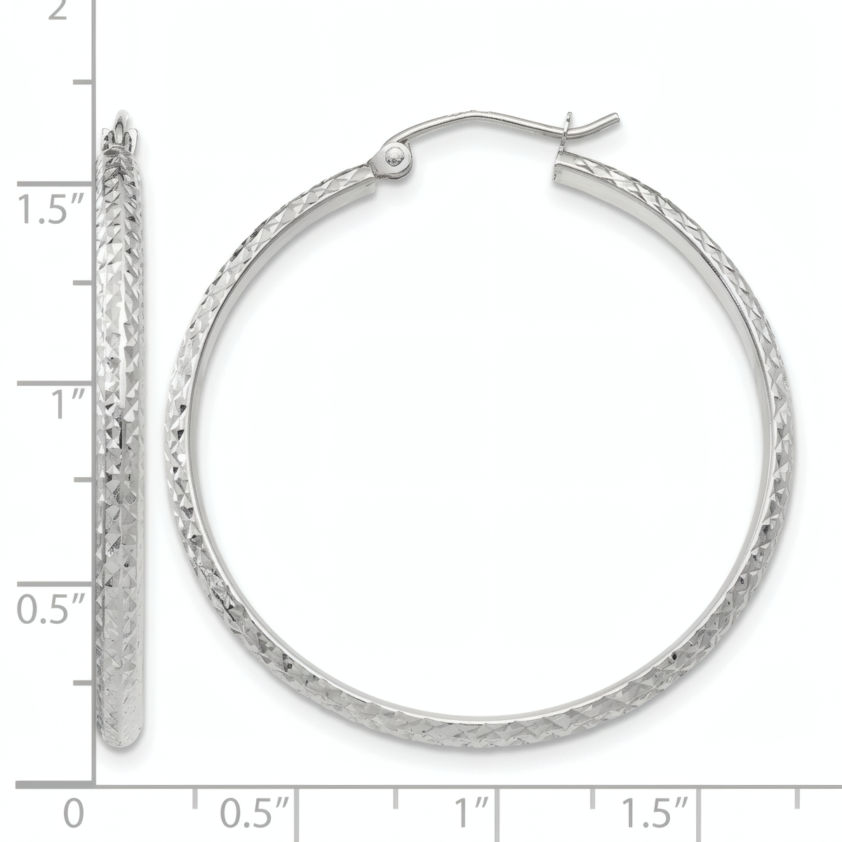 10k white gold diamond-cut hoop earrings, front and side view on a white background with an inch scale.