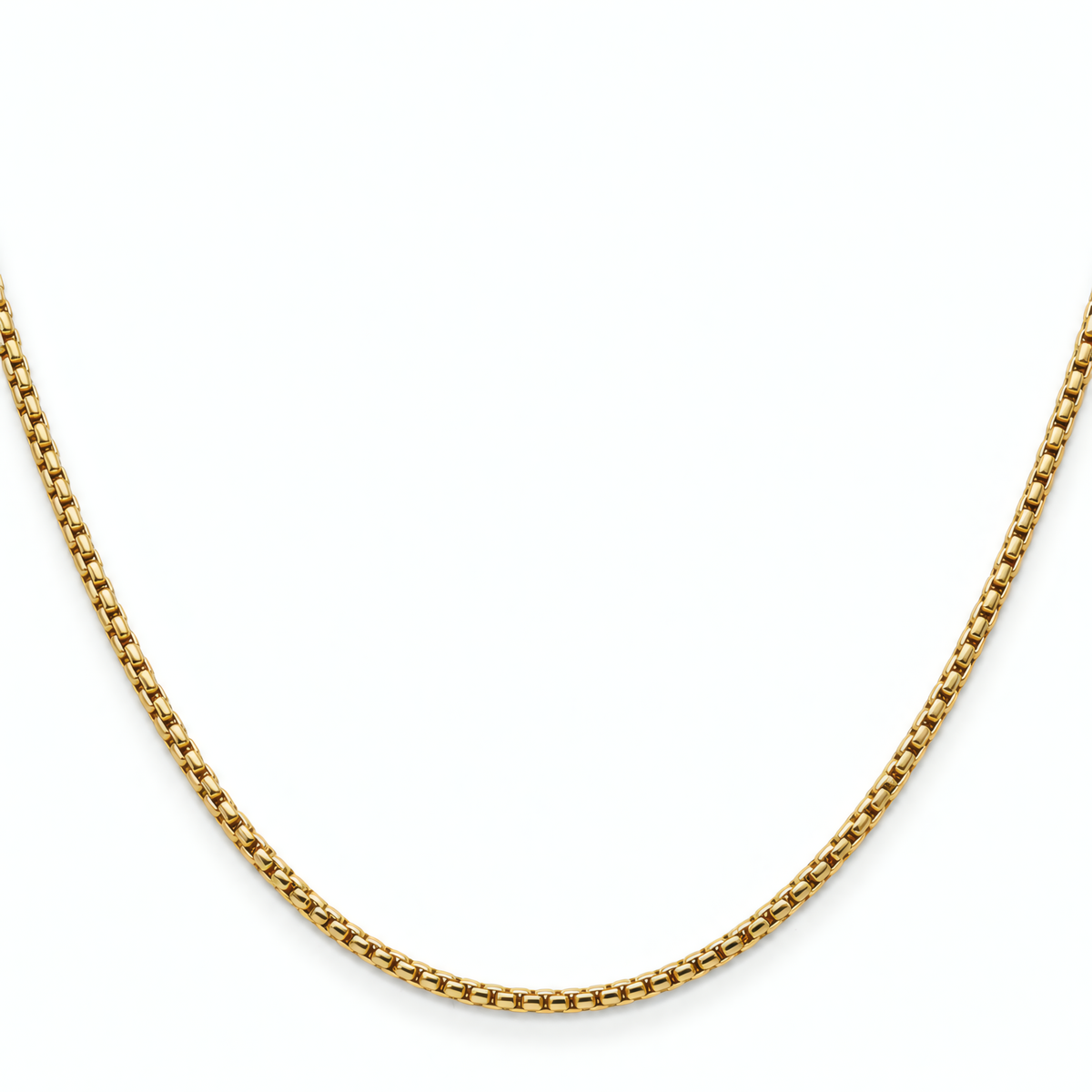Classic 16" 1.5mm 14k yellow gold round box chain on a white background.