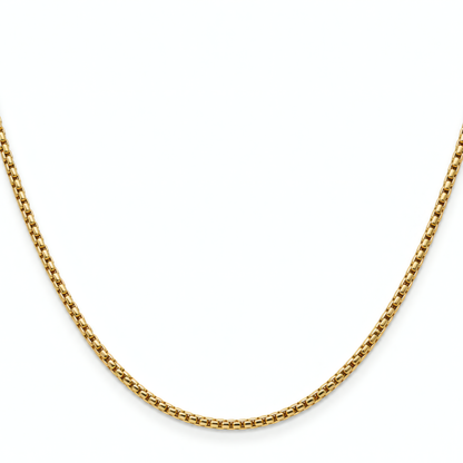 Classic 16" 1.5mm 14k yellow gold round box chain on a white background.
