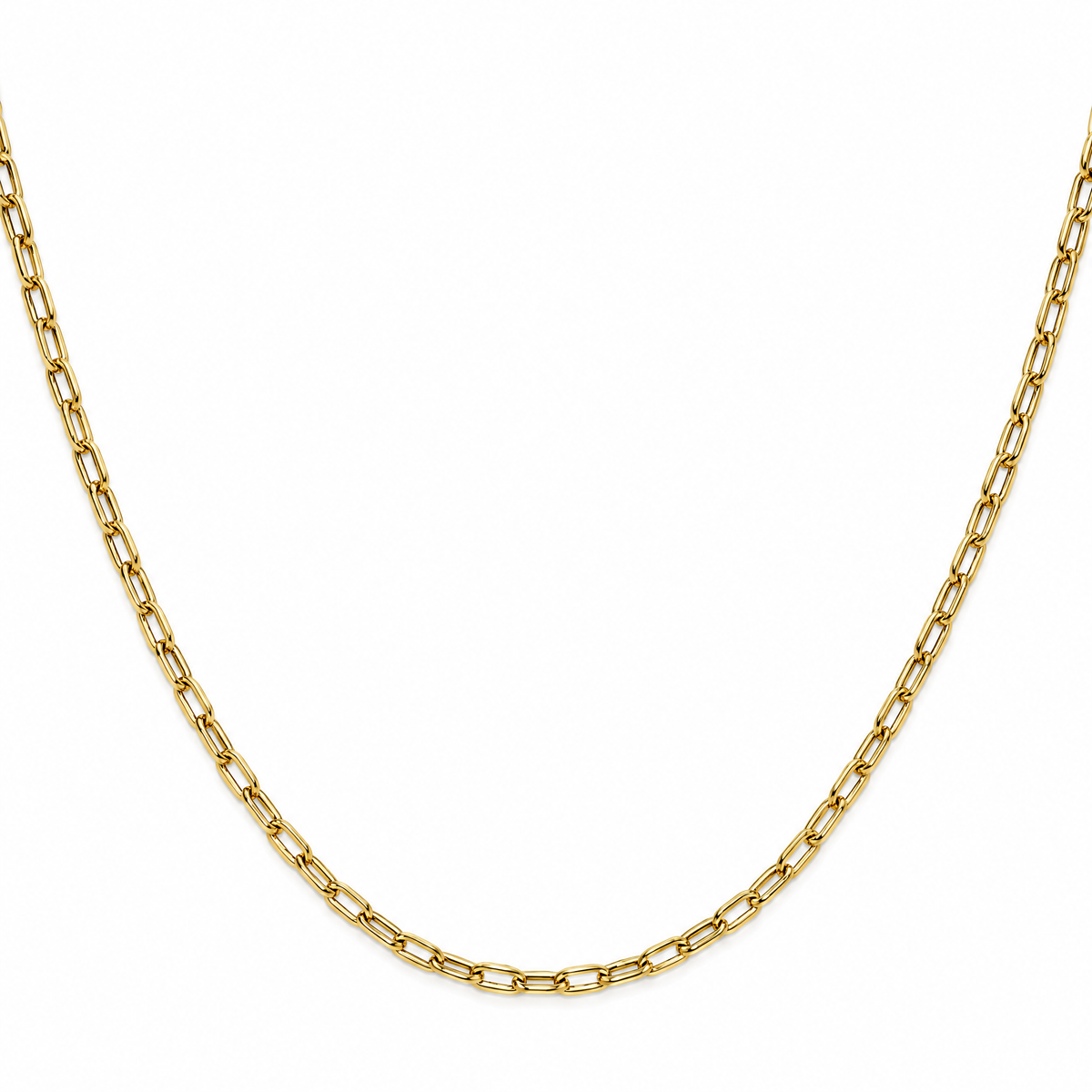 Classy 16" delicate 2.2mm 14k yellow gold paperclip chain on a white background.