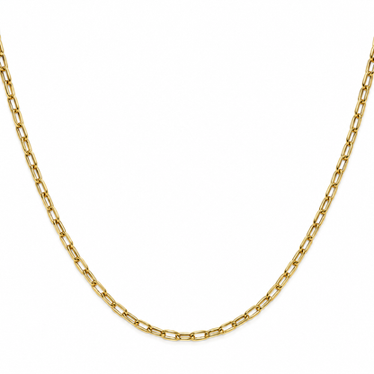 Classy 16" delicate 2.2mm 14k yellow gold paperclip chain on a white background.