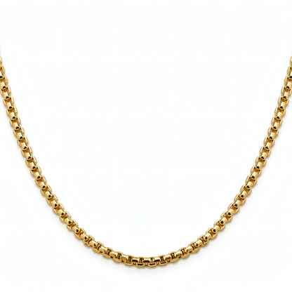 Bold 20" 3.6mm 14k yellow gold round box chain on a white background.
