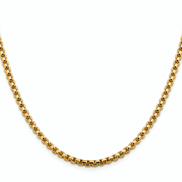 Bold 20" 3.6mm 14k yellow gold round box chain on a white background.