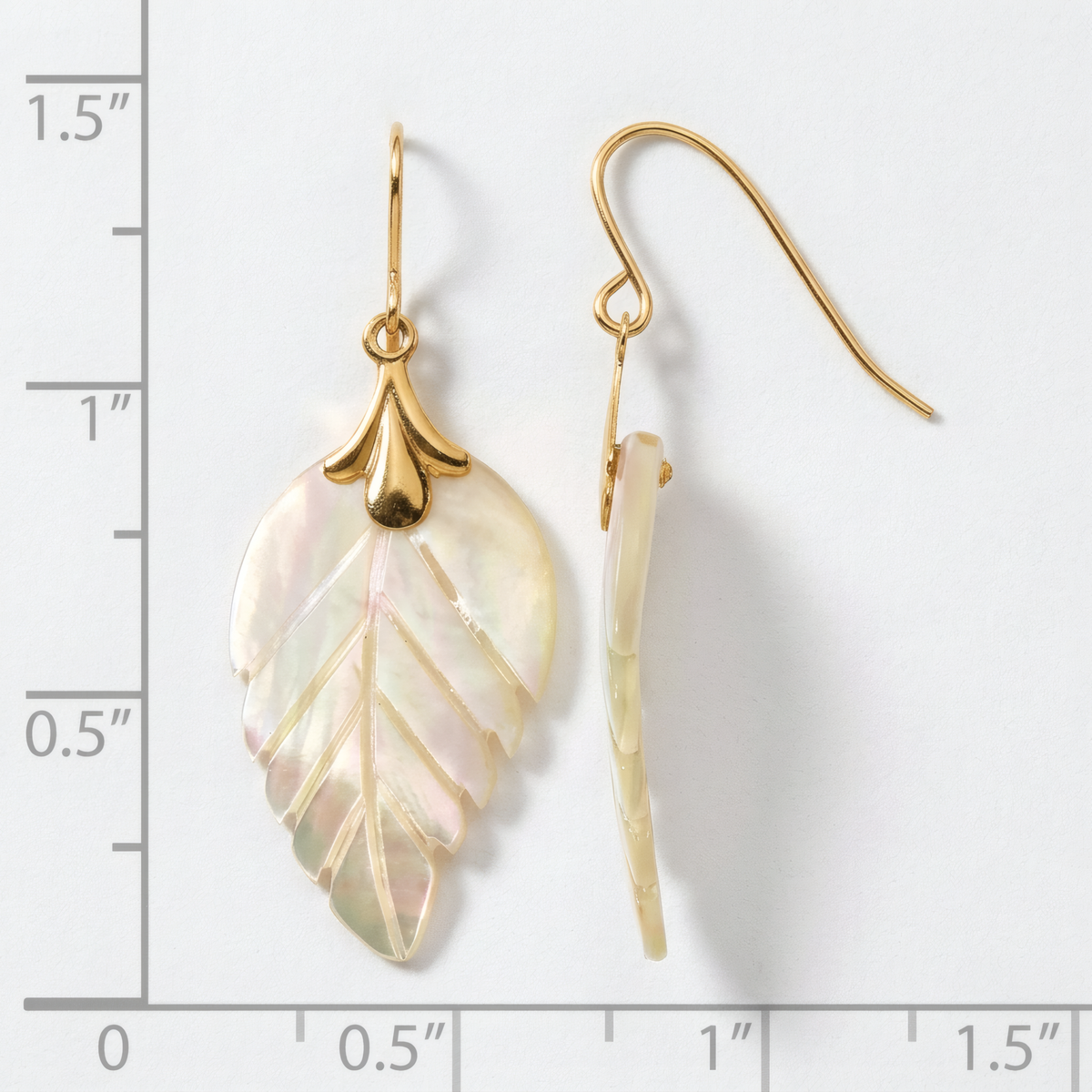 14k yellow gold mother of pearl leaf dangle earrings on French hooks, front and side view on a white background with an inch scale.