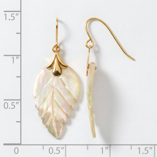 14k yellow gold mother of pearl leaf dangle earrings on French hooks, front and side view on a white background with an inch scale.