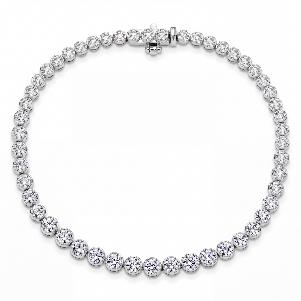 3 carat lab-grown diamond tennis bracelet in sterling silver with bezel-set round diamonds, on a white background.