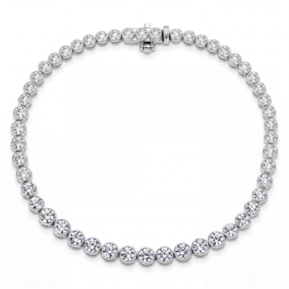 3 carat lab-grown diamond tennis bracelet in sterling silver with bezel-set round diamonds, on a white background.