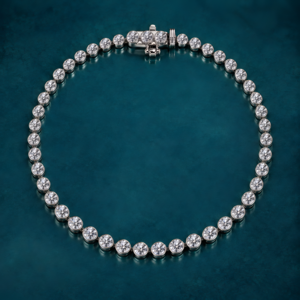 3 carat lab-grown diamond tennis bracelet in sterling silver with bezel-set round diamonds, on a teal background.