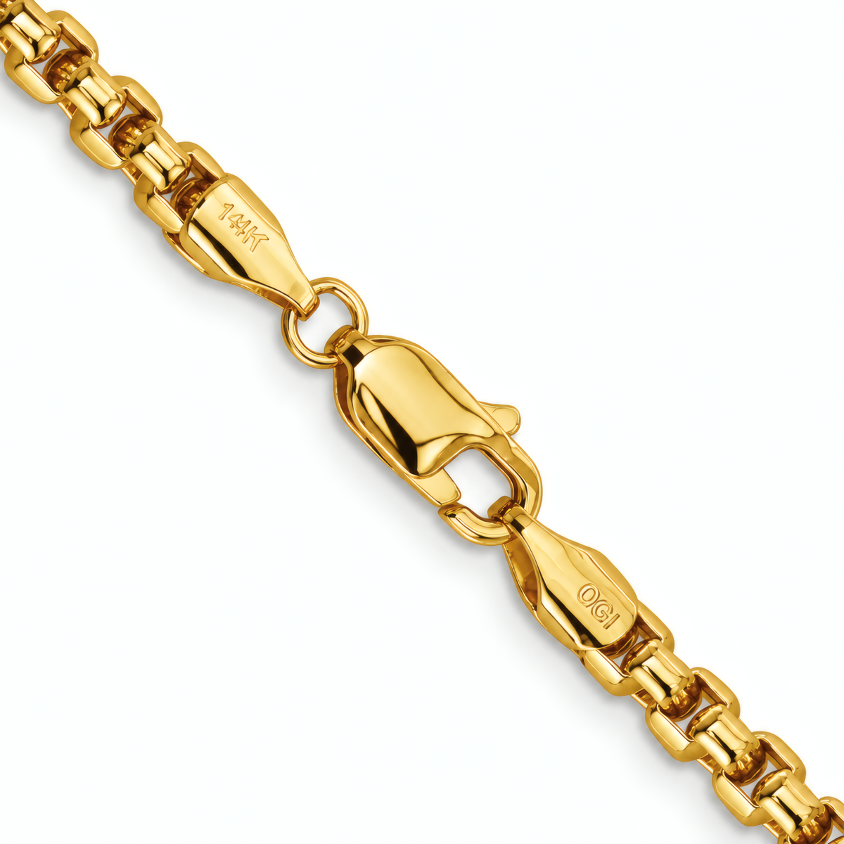 Close-up of the lobster clasp on the 3.6mm 14k yellow gold 20" round box chain.
