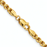 Close-up of the lobster clasp on the 3.6mm 14k yellow gold 20" round box chain.