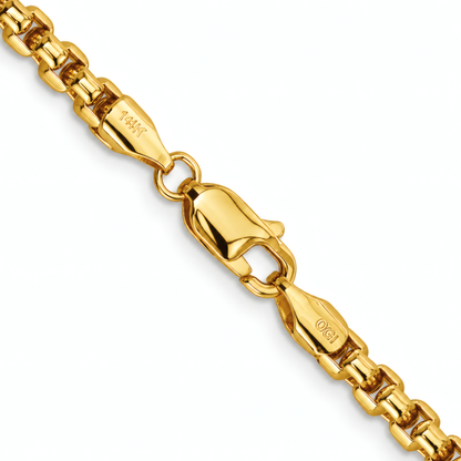 Close-up of the lobster clasp on the 3.6mm 14k yellow gold 20" round box chain.