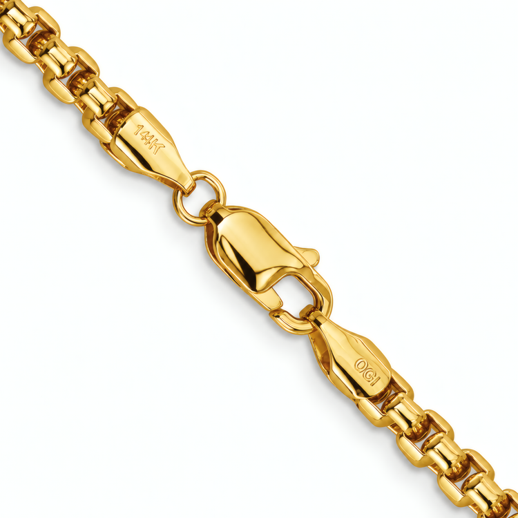 Close-up of the lobster clasp on the 3.6mm 14k yellow gold 20" round box chain.