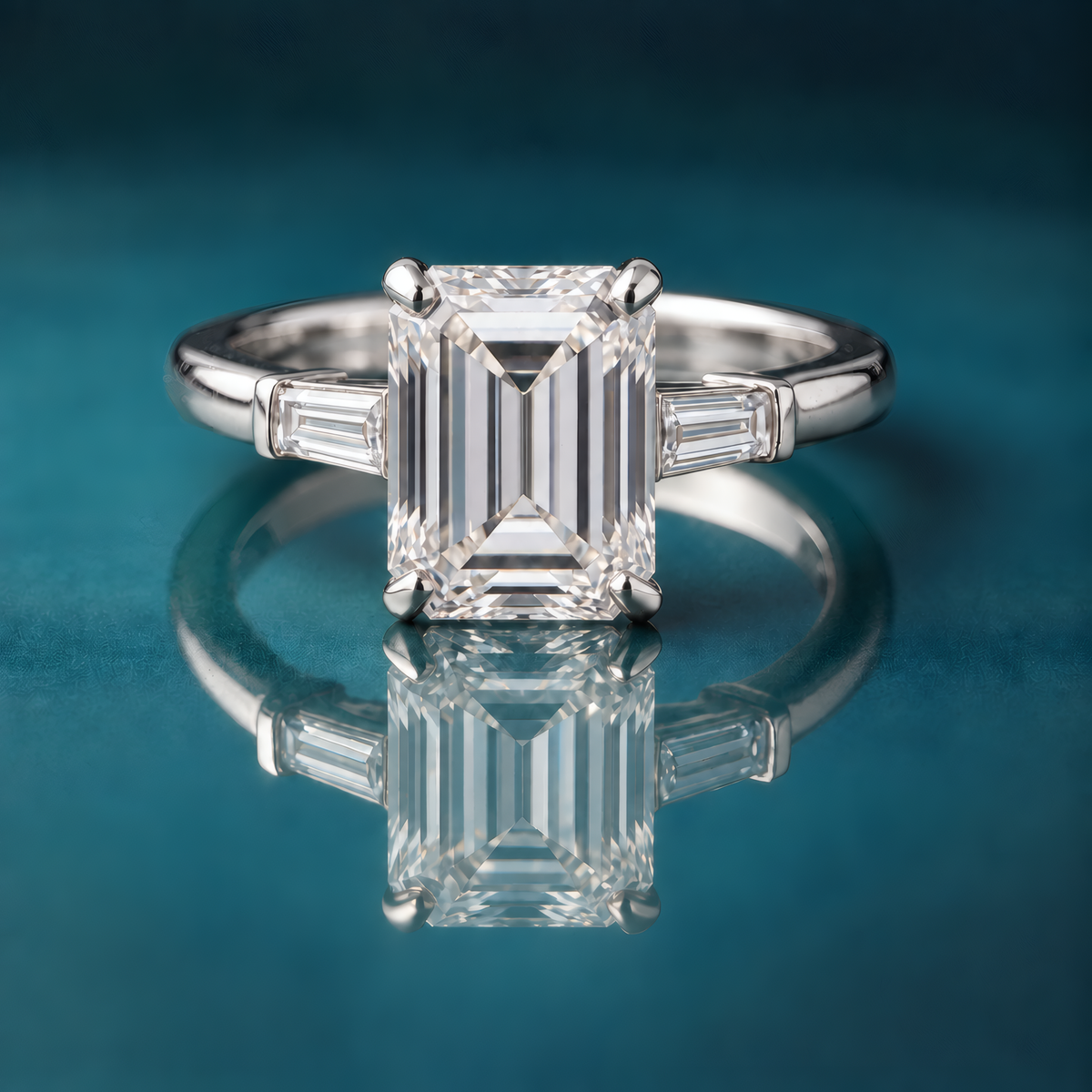 White gold three-stone engagement ring with an emerald-cut center diamond and baguettes on the sides.