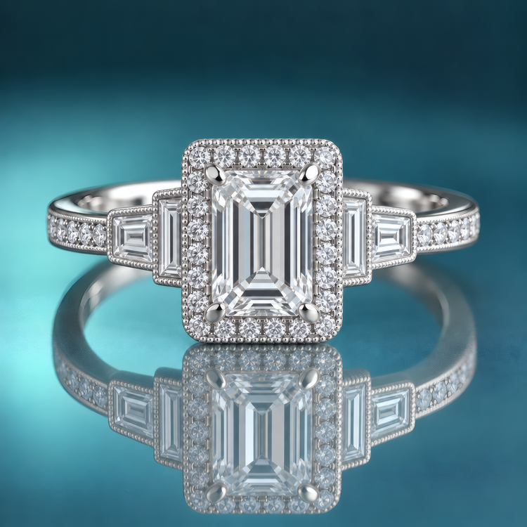 Unique white gold halo engagement ring with an emerald-shaped center and 2 baguette diamonds on each side of the halo, moving down the shank. The rest of the shank is set with round diamonds via prong in channel.