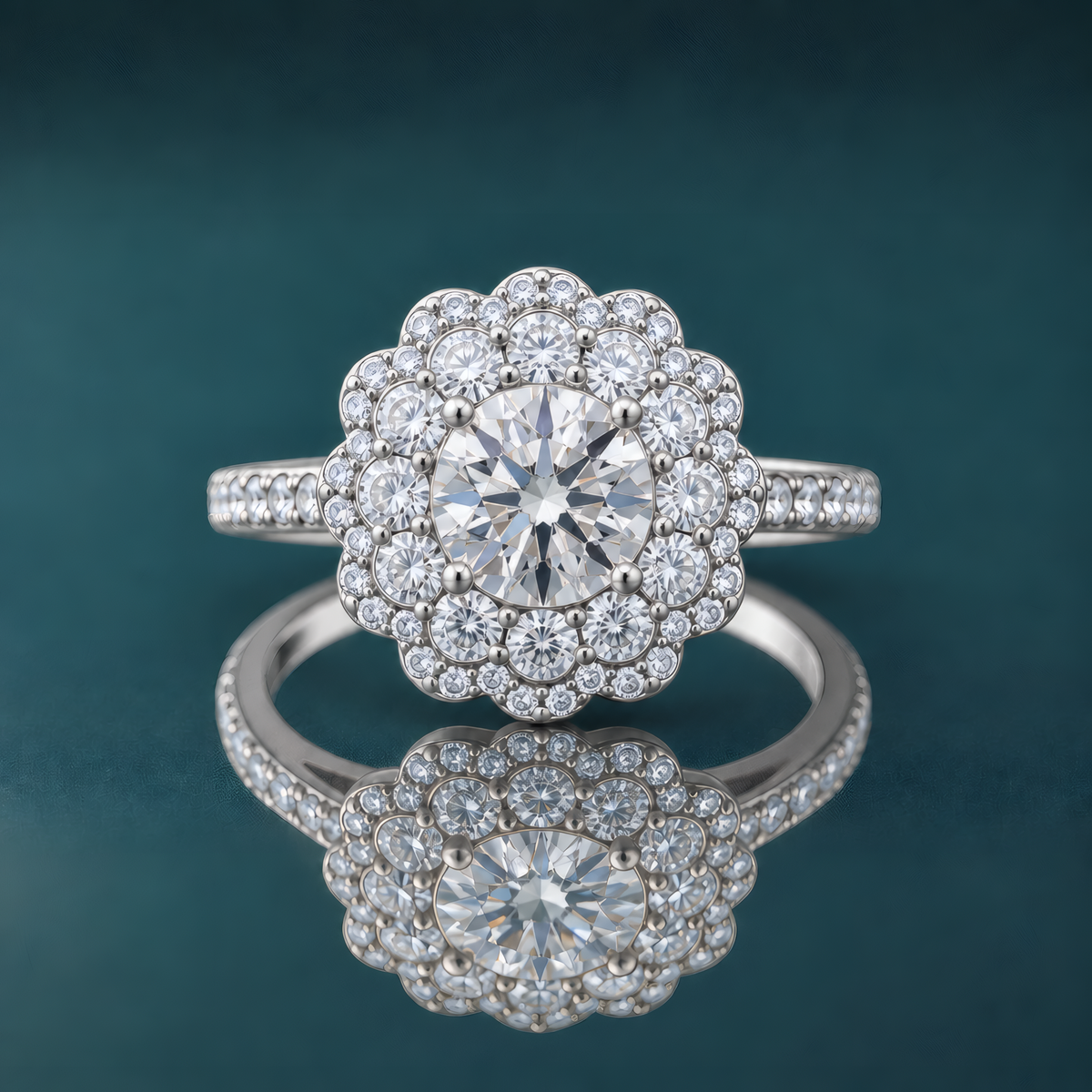 White gold floral double halo engagement ring with a round center diamond and tiny diamonds set into a narrow shank.
