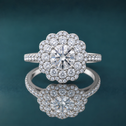 White gold floral double halo engagement ring with a round center diamond and tiny diamonds set into a narrow shank.