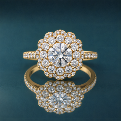 Gold floral double halo engagement ring with a round center diamond and tiny diamonds set into a narrow shank.