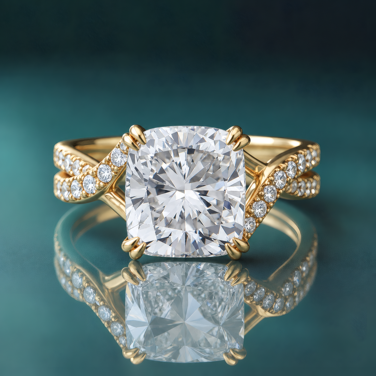 Unique gold split-shank twist shank engagement ring with a cushion-shaped center diamond and double claw prongs. Small diamonds cover the twisting split shank.