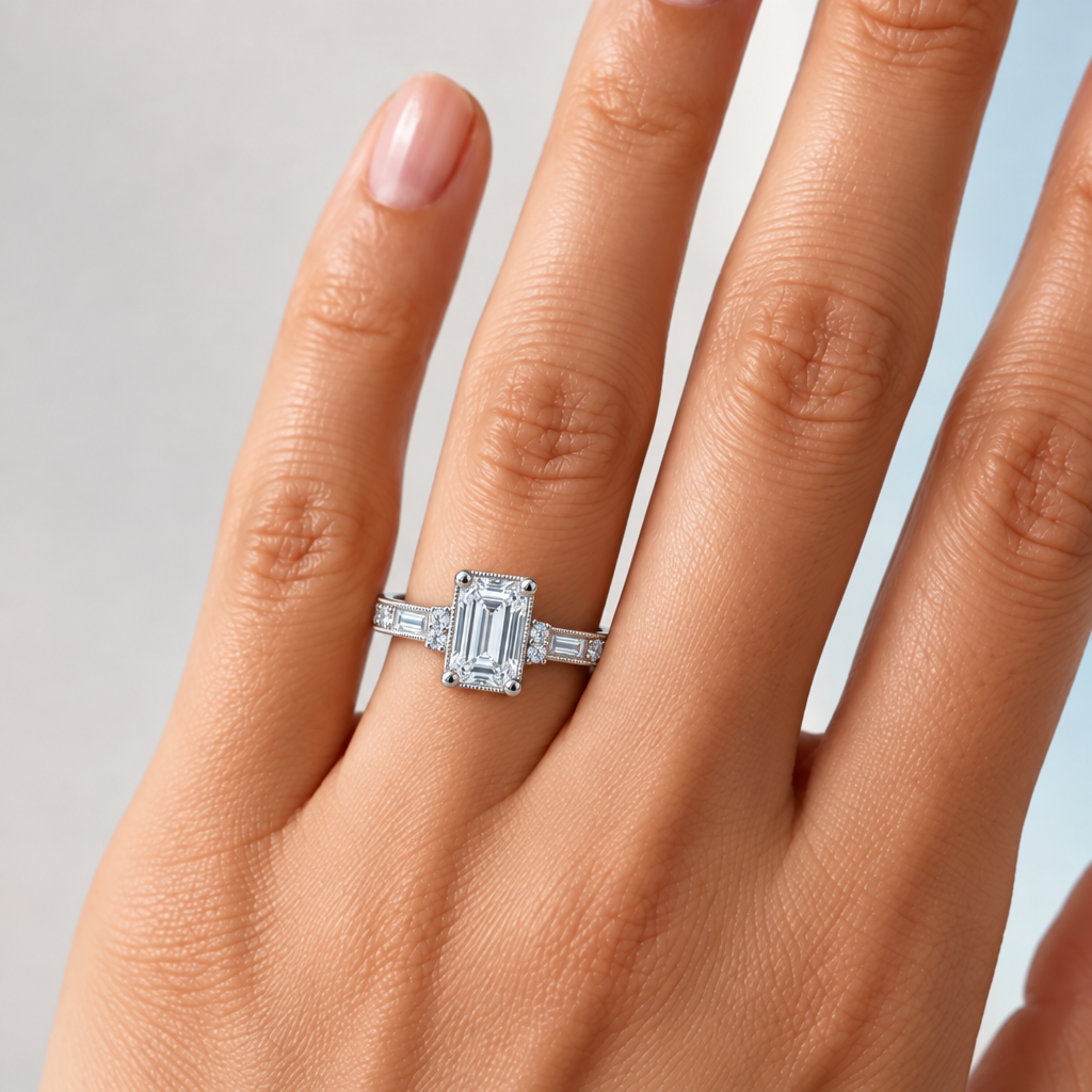 A woman's delicate left hand ring finger is wearing a unique gold engagement ring with emerald-shaped center diamond, a pair of round diamonds on each side, then a long straight baguette going down the shank, followed by more round diamonds prong-set in channel. There is milgrain surrounding the center diamond and on both sides of the shank. 