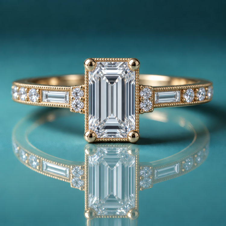 Unique gold engagement ring with emerald-shaped center diamond, a pair of round diamonds on each side, then a long straight baguette going down the shank, followed by more round diamonds prong-set in channel. There is milgrain surrounding the center diamondn and on both sides of the shank.