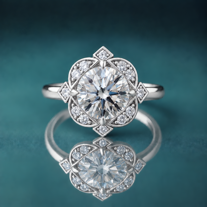 Unique white gold antique halo engagement ring with a round center diamond and a shiny narrow round shank.