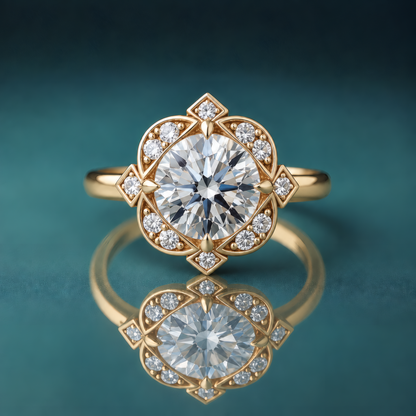 Unique gold antique halo engagement ring with a round center diamond and a shiny narrow round shank.