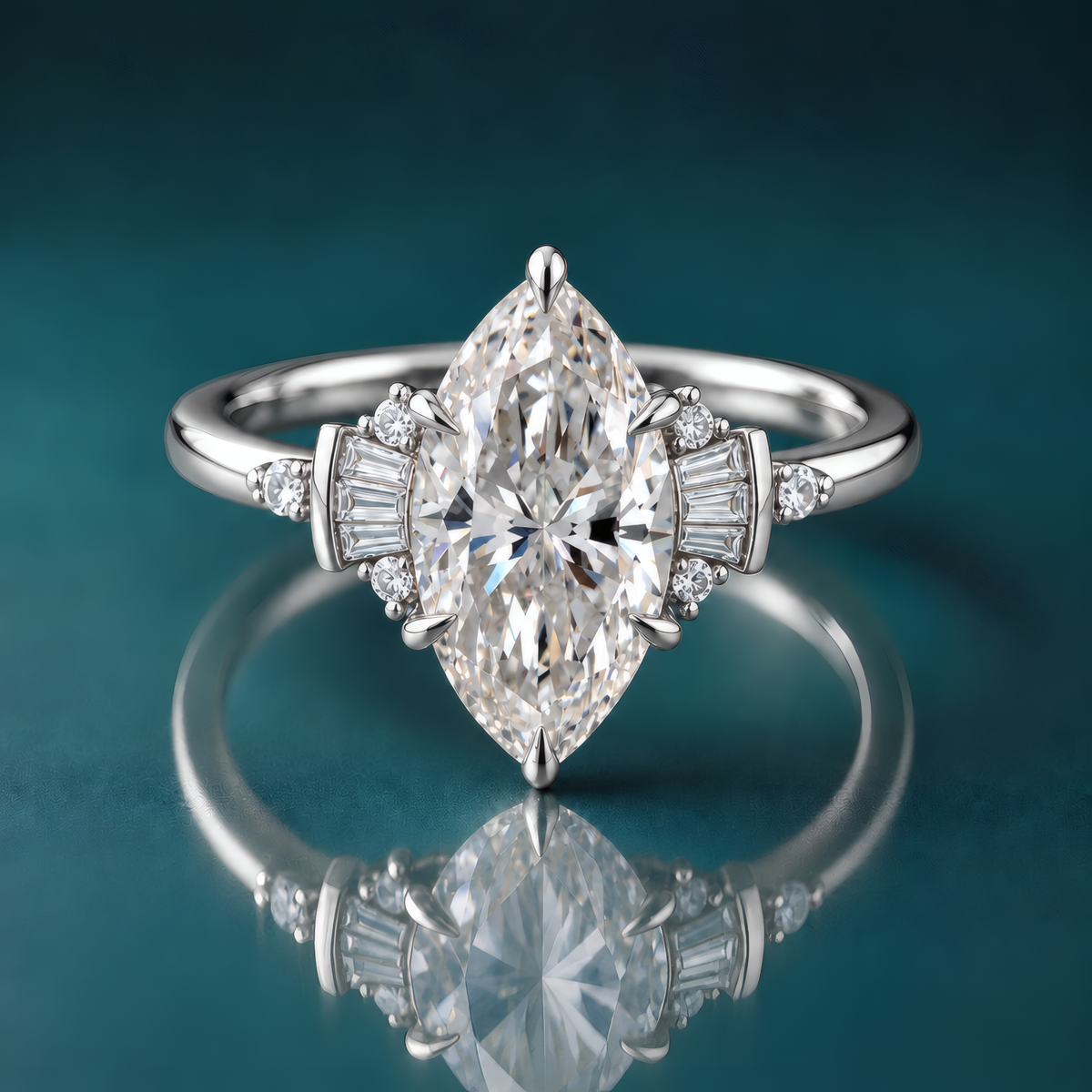 A white gold ring featuring a large marquise-cut diamond center stone with baguette and round side diamonds.