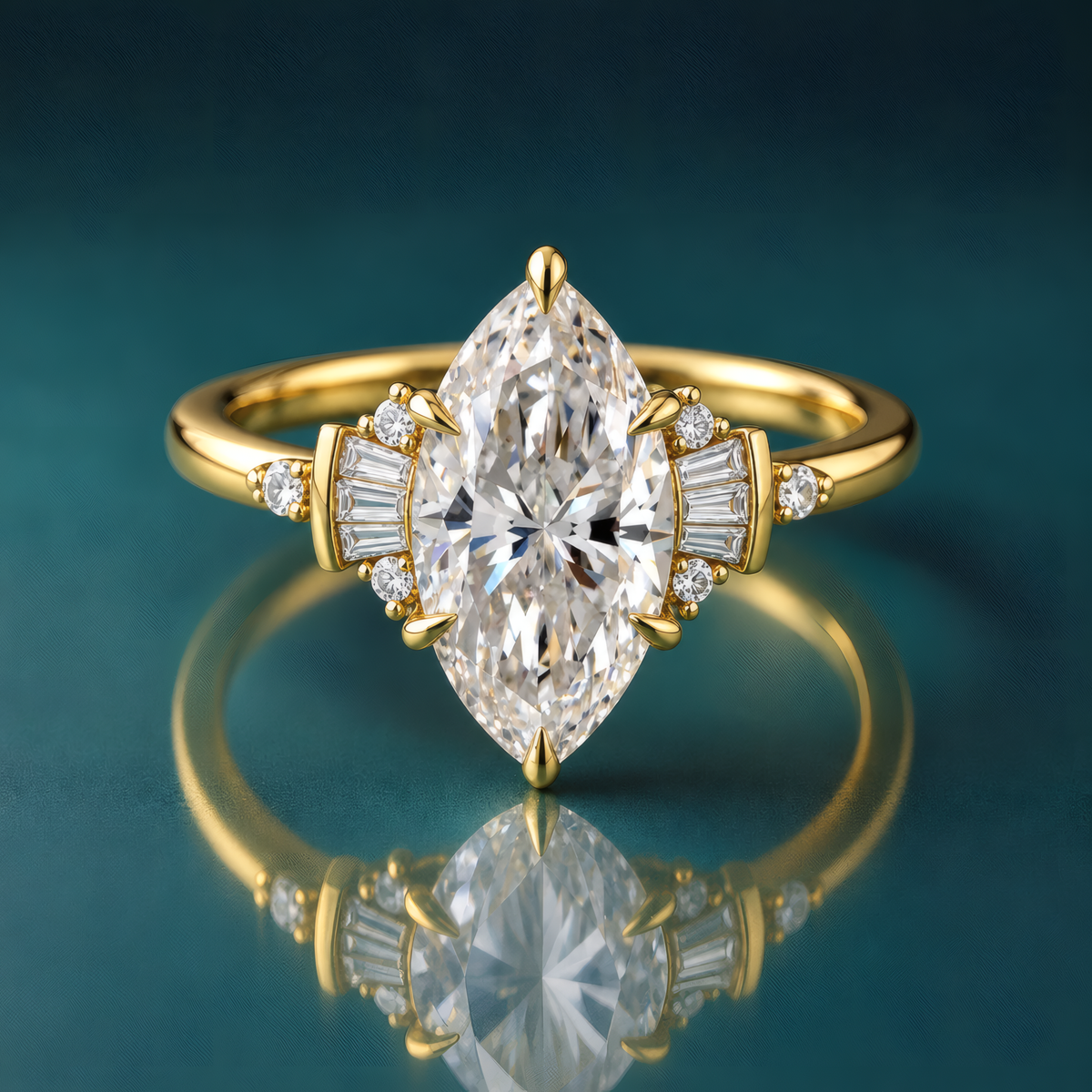 A yellow gold ring featuring a large marquise-cut diamond center stone with baguette and round side diamonds.
