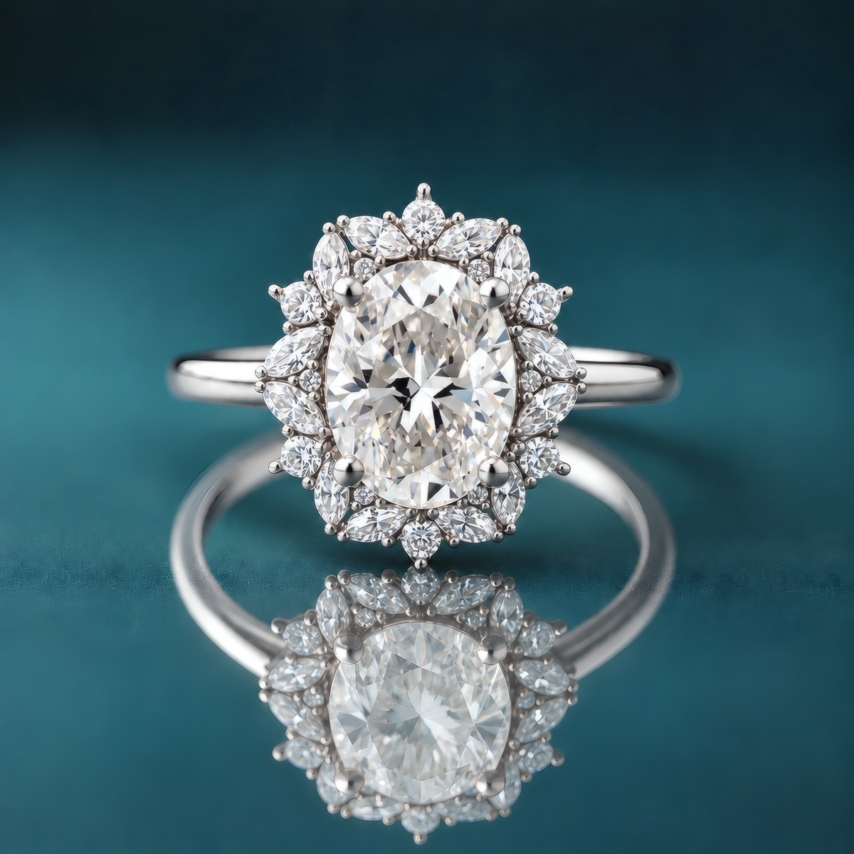 Unique white gold halo engagement ring with an oval diamond in the center and a halo of alternating round and marquise-shaped small diamonds encircling it.