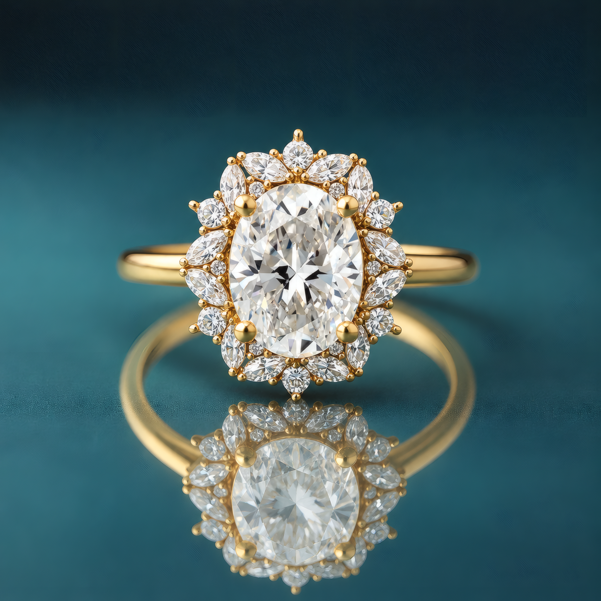 Unique gold halo engagement ring with an oval diamond in the center and a halo of alternating round and marquise-shaped small diamonds encircling it.