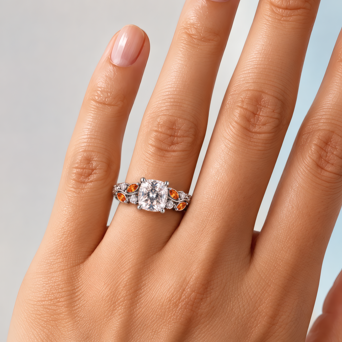 Delicate woman's left ring finger wearing a white gold engagement ring with a cushion-cut diamond atop a delicate vine band, woven with fiery amber marquise leaves and twinkling round diamonds for a romantic, nature-inspired look.
