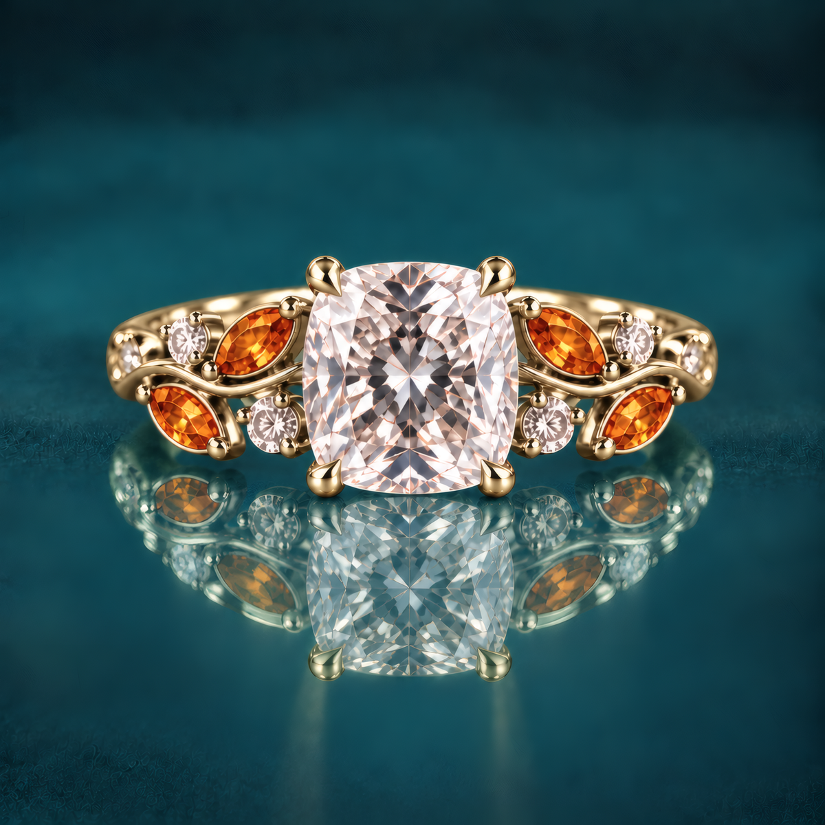 Gold engagement ring with a cushion-cut diamond atop a delicate vine band, woven with fiery amber marquise leaves and twinkling round diamonds for a romantic, nature-inspired look.