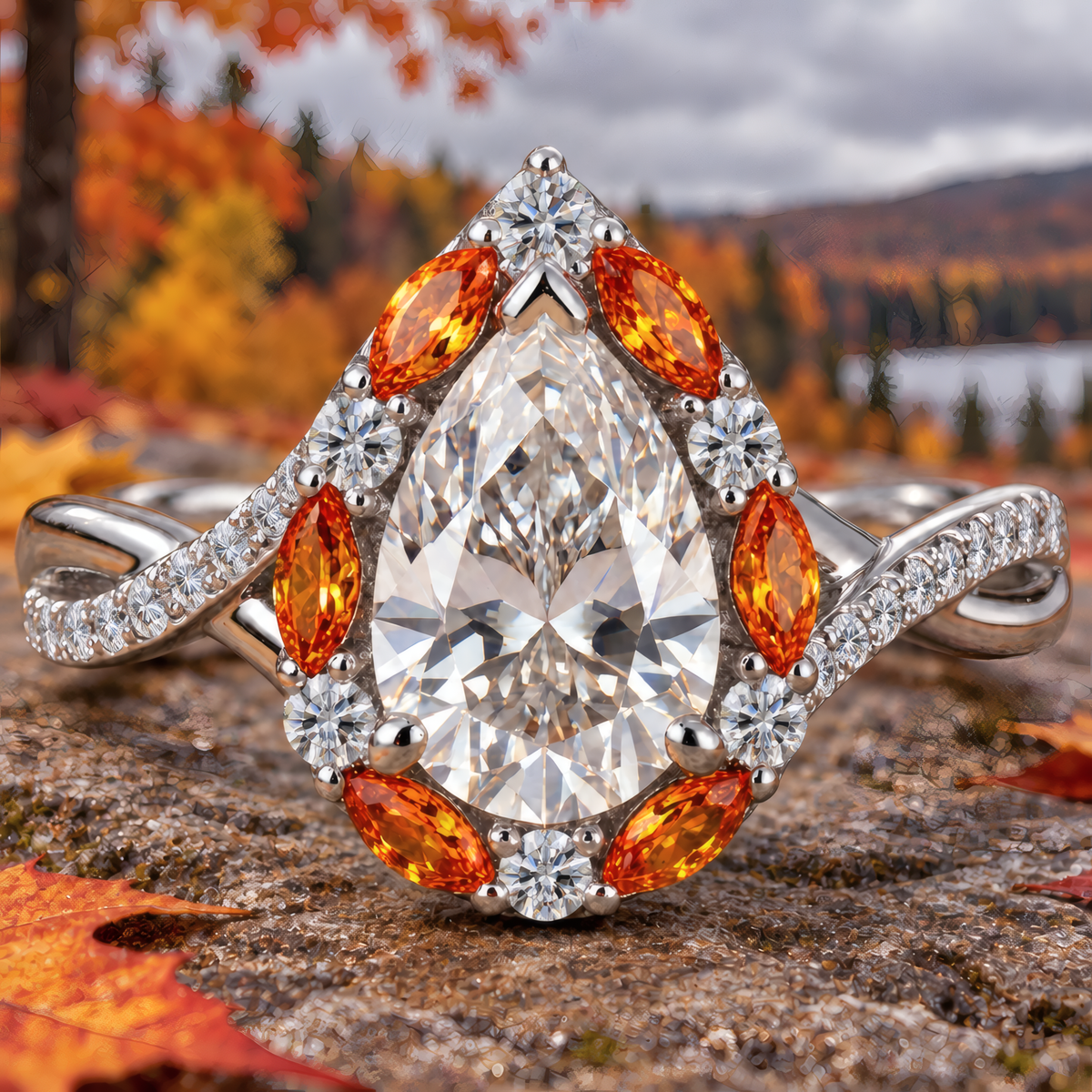 Bourke engagement ring in white gold with a pear-shaped diamond and amber marquise halo, resting on a stone with autumn foliage and a lake behind