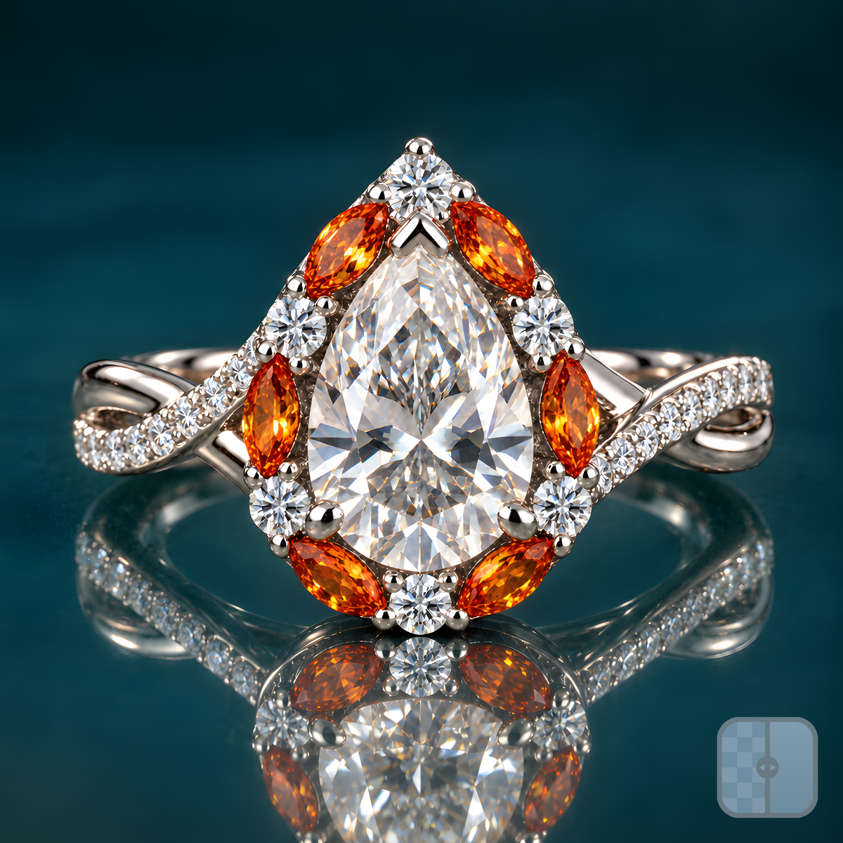 Bourke engagement ring in white gold with a pear-shaped diamond in a halo of amber marquise stones and round diamonds on a twisted pavé band