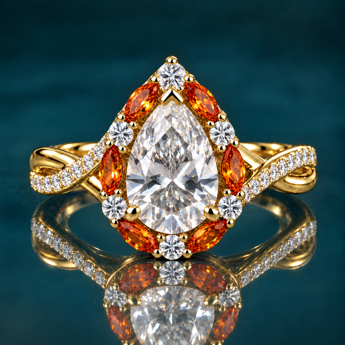 Bourke engagement ring in yellow gold with a pear-shaped diamond in a halo of amber marquise stones and round diamonds on a twisted pavé band
