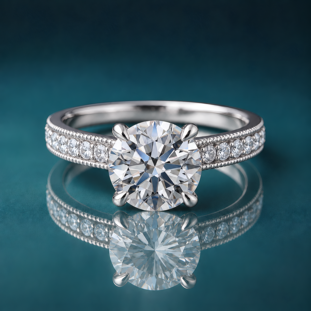 White gold round solitaire engagement ring with milgrain and small diamonds on the shank