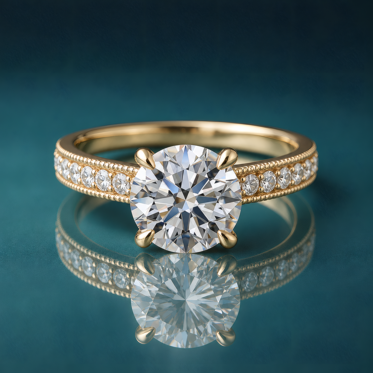 White gold round solitaire engagement ring with milgrain and small diamonds on the shank